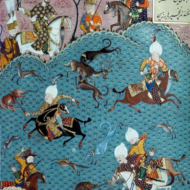 Bilinmeyen nakkaş, Süleymannâme, av sahnesi, 16. yüzyıl · Topkapı Sarayı Müzesi Kütüphanesi Süleymannâme'den av sahnesi minyatürü, 16. yüzyıl
