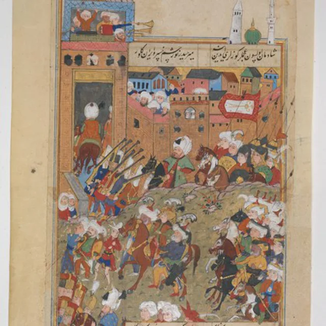 Bilinmeyen nakkaş, Bâkî Divanı, yaprak, 16. yüzyıl sonu · Metropolitan Museum of Art Bâkî Divanı'ndan minyatürlü yaprak, 16. yüzyıl sonu
